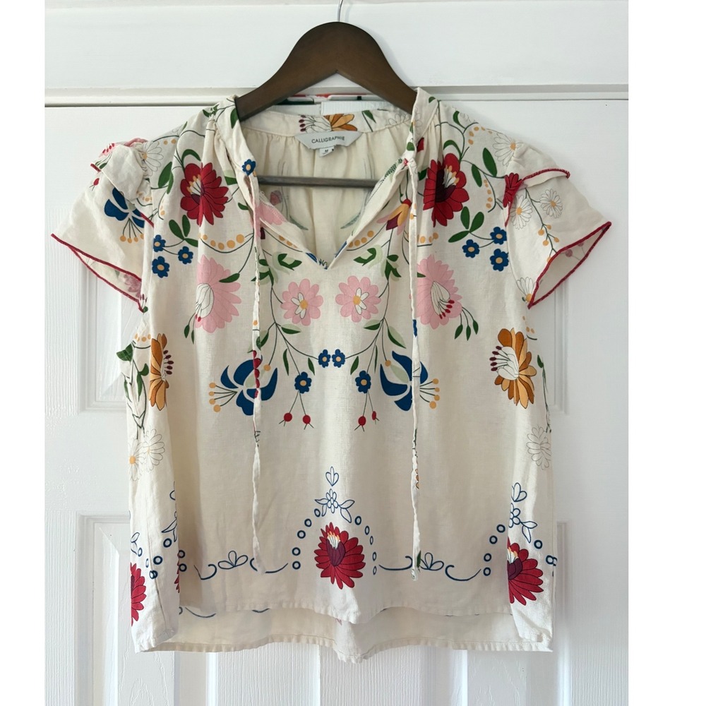 Calligraphie Anthropologie Floral Embroidered Ruffle Sleeve Boho Blouse Cream M